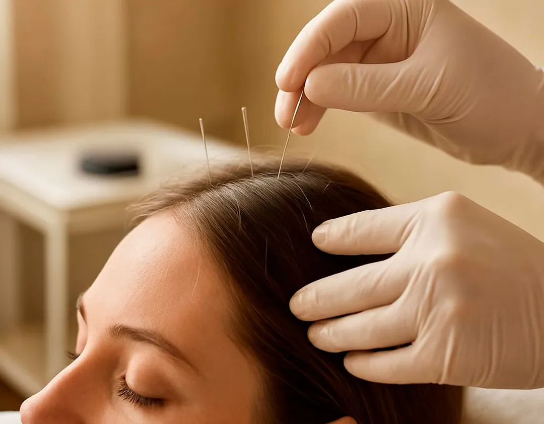 Aplicação de agulhas de craniopuntura no couro cabeludo de uma pessoa.